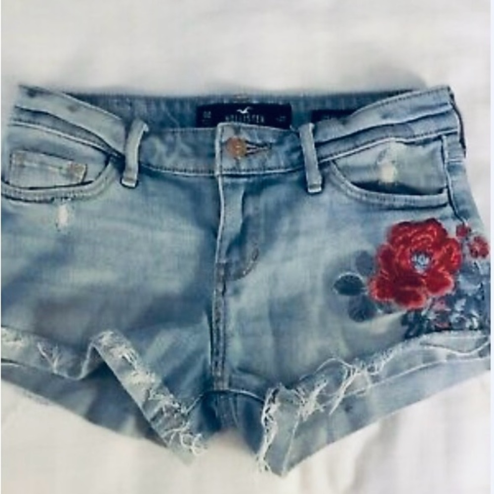 Hollister Women's Denim Shorts with Red Floral Design